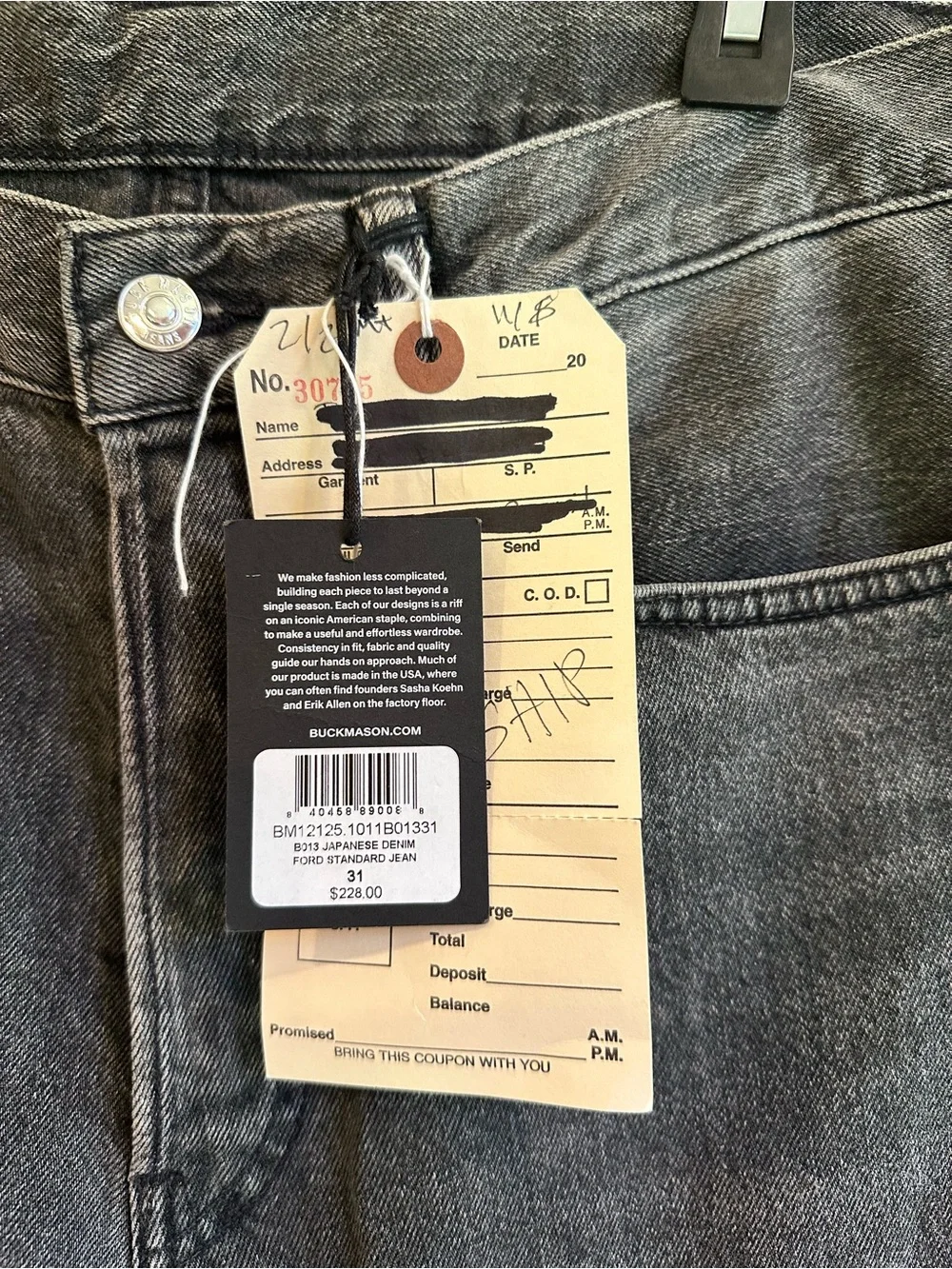 Buck Mason Men's Straight Ford Standard Jeans in Dark Gray Wash Size 31